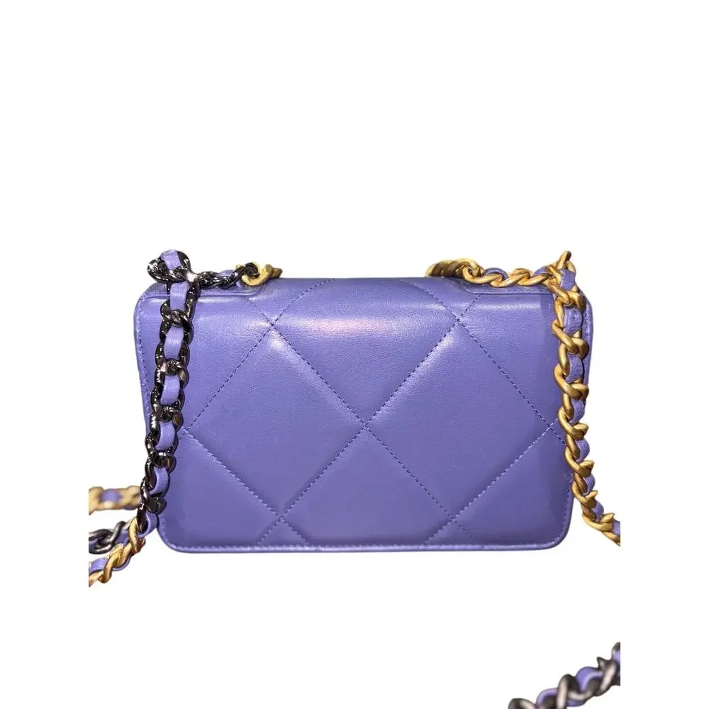 CHANEL 19 Matelassé 2-way Chain WOC Shoulder Bag Rare Purple with Card